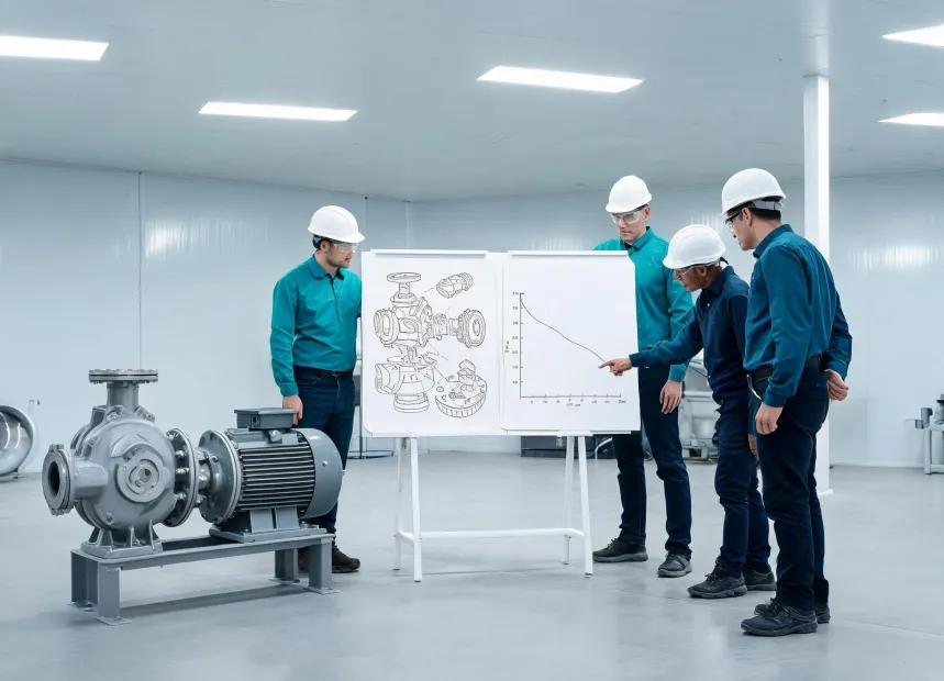 Pump engineering team reviewing equipment